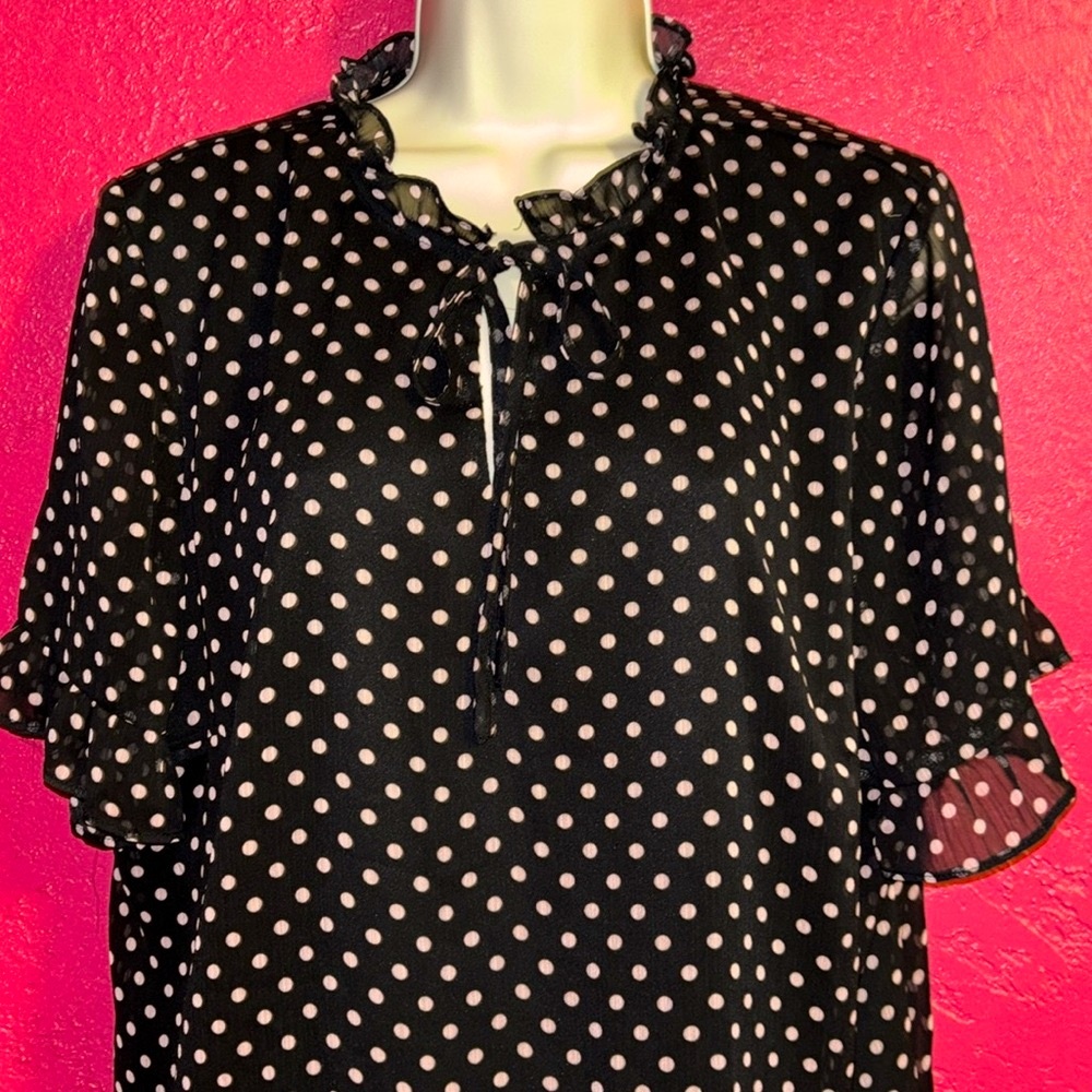 Cece romantic, feminine black with pink polka dots sheer blouse. Sz XL.